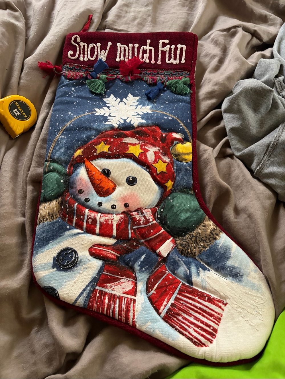 Festive Snowman Holiday Stocking - Red & Green 9” wide x 19.5” long
